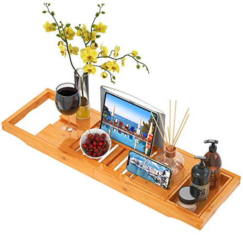 Bath Tray for Tub Bamboo Bathtub Tray Caddy Expandable Wood with Wine Glass Holder, Reading Holder, Phone Slot for Luxury Bath by FURNINXS