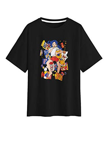 WDIRARA Women's Plus Graphic Print Short Sleeve T Shirt Casual Round Neck Tee Black Cartoon 2XL