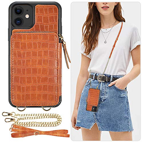 ZVE iPhone 11 Wallet Case, iPhone 11 Case with Card Holder Slot Crossbody Chain Handbag Purse Wrist Strap Zipper Crocodile Skin Leather Case Protective Cover for Apple iPhone 11 6.1 inch - Brown