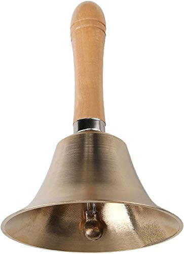 Hand Bell Multi-Purpose Super Loud Solid Brass Hand Call Bell for Wedding Events, Dinner, School with Wooden Handle