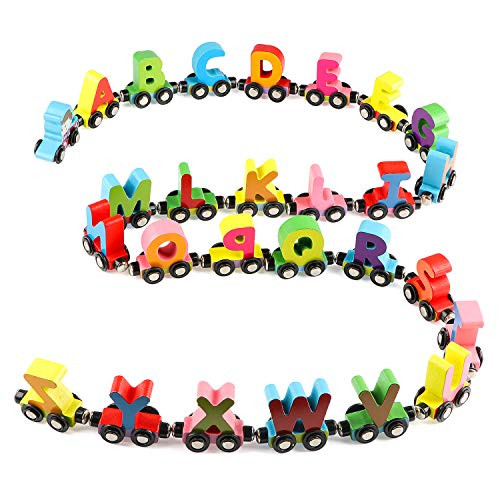 Wondertoys 27 PCS Wooden Alphabet Train Toy Wooden Magnetic Alphabet ABC Train Set Includes 1 Engine Letter Cars for Toddlers Boys and Girls, Compatible with Thomas Train Set Tracks and Major Brands