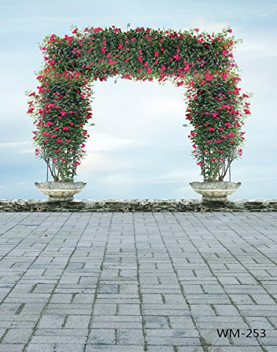 5X10FT-Wedding Blue Sky Flowers Sence Photography Backdrops Brick Floor Photo Studio Background