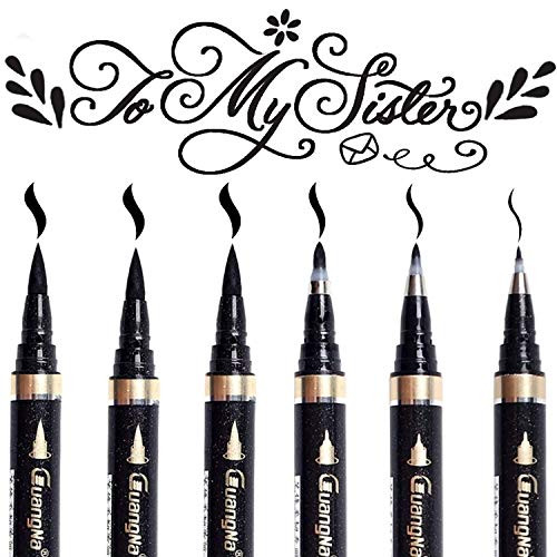 Calligraphy Pens, 6Pcs Calligraphy Pen Set for Lettering, Black Brush Marker Pen Hand Lettering Pens for Writing, Signature, Illustration, Design and Drawing-4 Sizes-