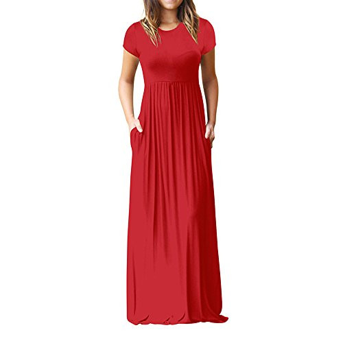 Clearance Maxi Dress For Women,Women's Summer Racerback O Neck Casual with Pockets Short Sleeve Floor Length Dress Tight Waist Loose Plain Party Long Dress