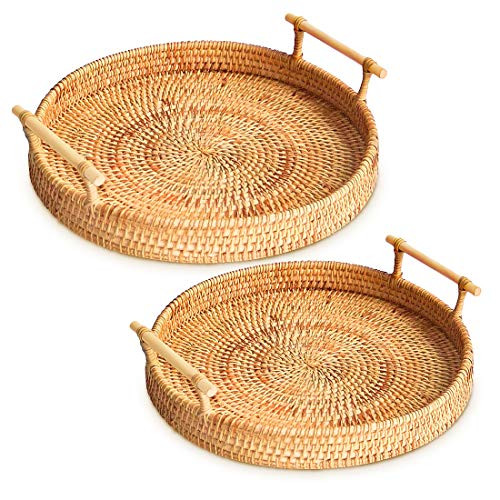 Rattan Round Serving Tray, 2 Size Hand-Woven Rattan Tray Serving Tray with Handles, Wicker Tray Basket Tray for Bread Fruit Food Coffee Breakfast Display Rattan Round Serving Tray, 2 Size Hand-Woven Rattan Tray Serving Tray with Handles, Wicker Tray Basket Tray for Bread Fruit Food Coffee Breakfast Display