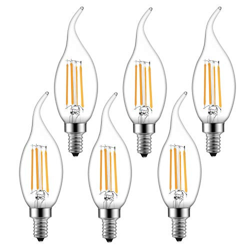 Dimmable LED Candelabra Bulb 6W 600LM 2700K Warm White 60W Equivalent Vintage LED Filament Candle Bulbs C35 Flame Tip E12 Base Decorative LED Chandelier Light Bulbs Pack of 6