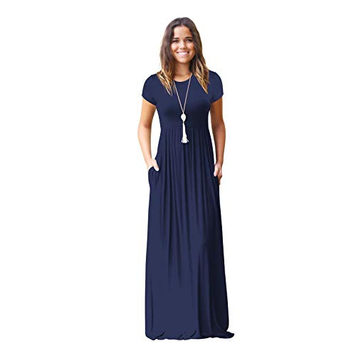Sun Dresses Women, Women O Neck Casual Pockets Short Sleeve Floor Length Dress Loose Party Dress Navy