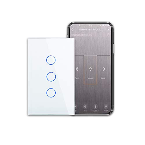 CNBINGO Triple Touch Light Switch, WiFi Alexa Light Switch, Timer Smart Switch Work with Alexa/Google Assistant, Smart App Remote Control, Single-Pole, Neutral Wire Required, Glass Wall Plate