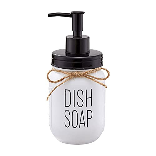 White Glass Mason Jar Dish Soap Dispenser with Black Plastic Pump and Lid - 16 Ounce Farmhouse Glass Mason Jar - Rust Proof - Rustic Kitchen Sink Countertop Home Decor