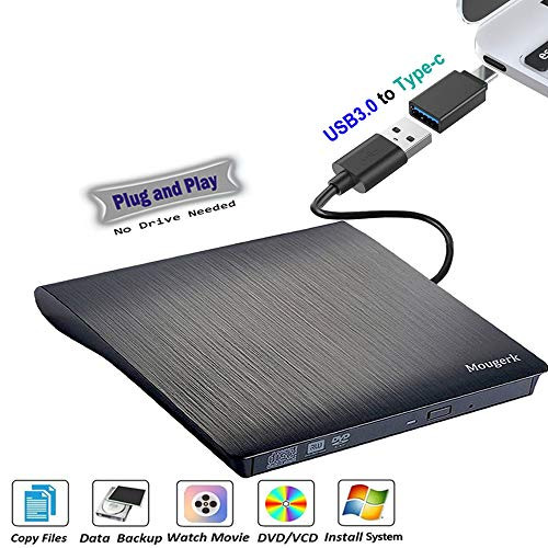 External DVD CD Drive, Mougerk USB 3.0 to Type C Ultra Slim Drives CD DVD RW Player/DVD CD ROM Drive/Writer/Rewriter/USB CD Burner Compatible with Mac MacBook Pro, Laptops Desktops (Black)