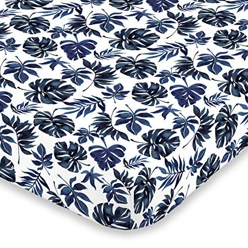 NoJo Super Soft Blue & White Palm Leaf Nursery Crib Fitted Sheet, Navy, White NoJo Super Soft Blue & White Palm Leaf Nursery Crib Fitted Sheet, Navy, White