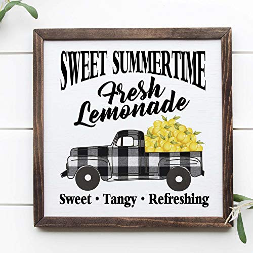 VinMea Sweet Summertime Fresh Lemonade Buffalo Plaid Truck with Lemons, 12x12 Framed Wooden Sign, Lemon Sign, Lemon Decor, Summer Sign
