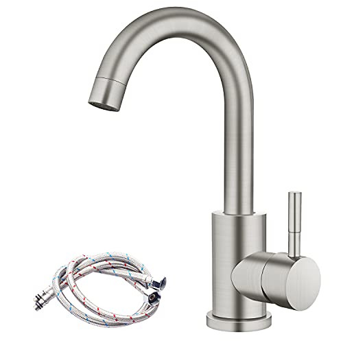 Airuida Single Hole Bathroom Sink Faucet Single Handle Brushed Nickel Deck Mount SUS304 One Hole Mixer Tap 360 Degree Swivel Spout Lavatory Sink Faucet