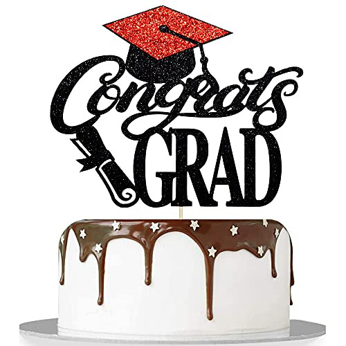 Artczlay Congrats Grad Cake Topper 2021 graduation cake topper black and red glitter cake decoration 2021 graduation party decoration supplies