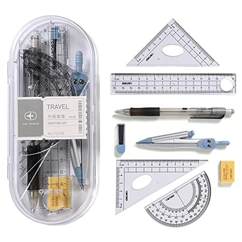 Waremew Compass Set for Geometry Math Geometry Kit 8 Pieces - Student Supplies Drawing Compass, Protractor, Rulers, Pencil Lead Refills, Pencil, Eraser for Students and Engineering Drawing