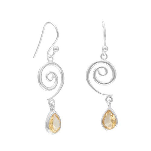 Swirl Design Sterling Silver French Wire Earrings with Faceted Citrine Drop