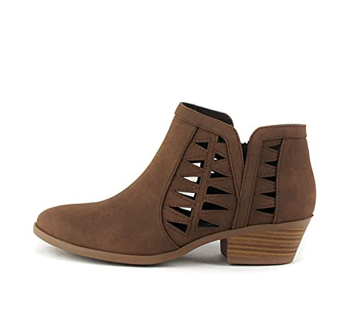 SODA CHANCE Womens Perforated Cut Out Stacked Block Heel Ankle Booties -Brown, numeric-10-