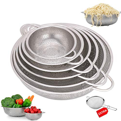 6-Piece Stainless Steel Mesh Micro-Perforated Strainer Colander Set-with Handle and Base, Extra 12cm Strainer - -1-Quart, 2-Quart, 2.5-Quart, 3.5-Quart, 4.5-Quart and 5.5-Quart-