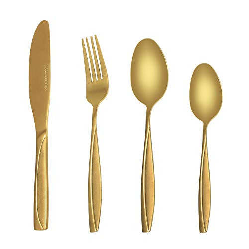MDEALY 24-Piece Gold Silverware Kitchen Utensils Set Good Quality Stainless Steel Flatware Cutlery Service for 6 Include Dinner Knife Forks Spoon Teaspoons Elegant Mirror  and  Matte Handle Polished Gift