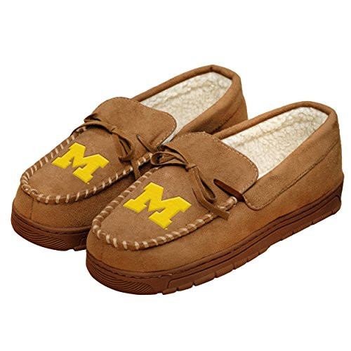 NCAA Michigan Wolverines Mens College Team Logo Moccasin Slippers, Tan, Medium -9-10-