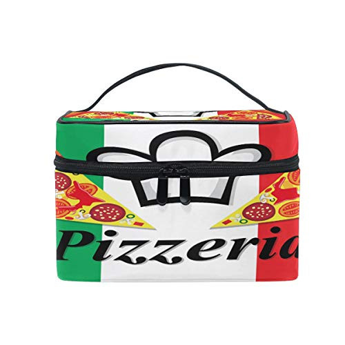 Pizzeria Label Makeup Bag, Cosmetic Bag, Toiletry Bag, Cosmetic Makeup Organizer Case Storage, for Women, Men, Kids, Girls, Traveling, Professional, With Mesh Bag Brush Holder