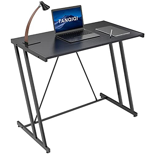 TANQIQI 35.4" Small Computer Desk Home Office Black Study Desks for Bedroom Sturdy Laptop Workstation Modern Simple Coner Table Writing Space-Saving, Easy to Assemble -Z Style-