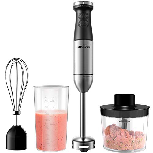 SHARDOR Immersion Hand Blender, Variable 9-Speeds with Turbo Mode, Stainless Steel Stick, With Food Chopper, Whisk, Mixing Beaker, Multi-Purpose for Soups, Sauces, Smoothies, Baby Food, BPA-Free