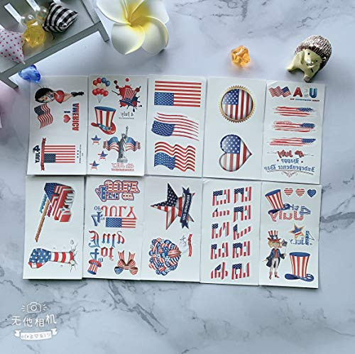 Fourth of July Temporary Tattoo, LLLiang 10 sheet Independence Day Tattoos American Flag Red White  and  Blue Design USA Stickers for Labor Day Memorial Day Party Supplies -X-Small-