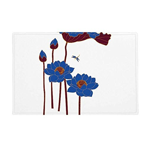 DIYthinker Blue Lotus Leaf Lotus Flower Dragonfly Plant Ground Mat Non Slip Floor Bathroom Door Rug Carpet