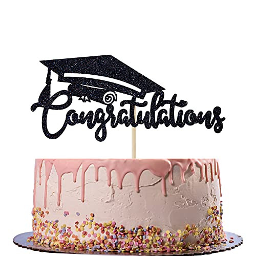 Black Glitter Congratulations Cake Topper - Congrats Grad Graduate Party Decorations Supplies - High School Graduation, College Graduate Cake Topper