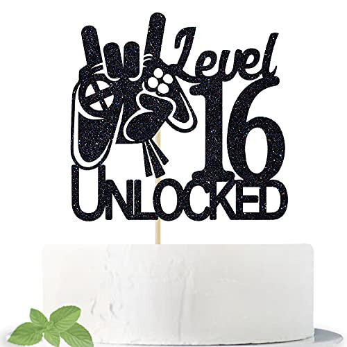 Black Glitter Level 16 Unlocked Game Birthday Cake Topper - Boy's 16th Birthday Cake Decorations - Sweet 16 - Video Game Theme Cake Topper - Level Up Winner Party Decoration Supplies