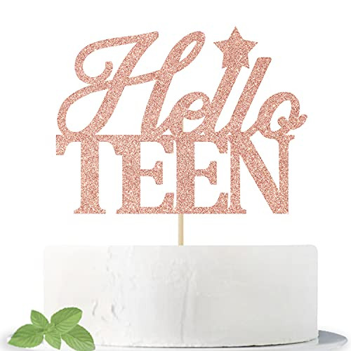 Rose Gold Glitter Hello Teen Cake Topper, Teenager 13th Birthday/Hello 13 / Happy 13th Birthday/Wedding Anniversary Party Decorations Supplies