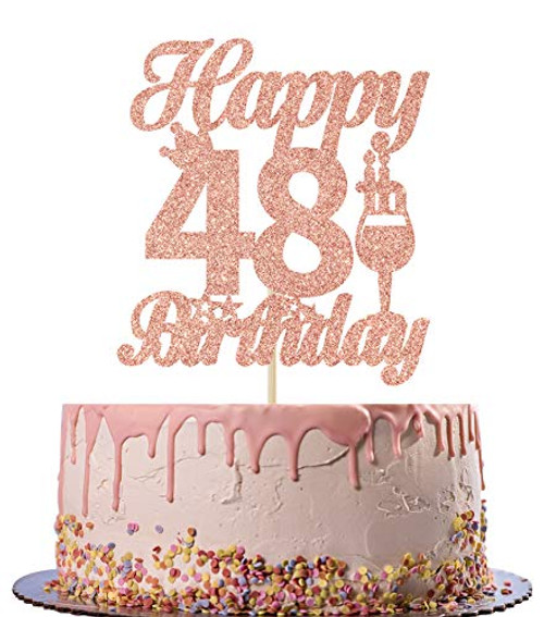 Rose Gold Glitter Happy 48th Birthday Cake Topper - Cheers to 48 Years Old Cake Decoration - 48th Birthday/Anniversary Party Supplies