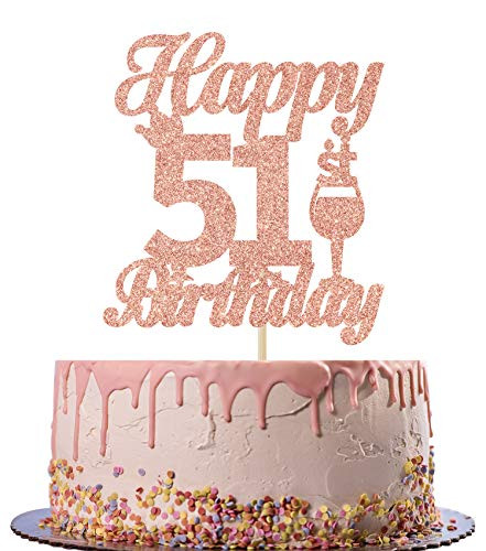 Rose Gold Glitter Happy 51st Birthday Cake Topper - Cheers to 51 Years Old Cake Decoration - 51st Birthday/Anniversary Party Supplies