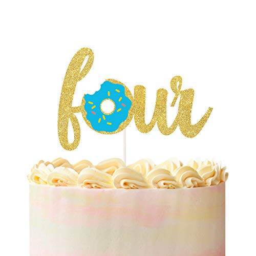 Four Donut Cake Topper for Donut Up Birthday Party,Happy 4th Birthday, Donut Fourth Party Decorations, Donut Smash Photo Prop