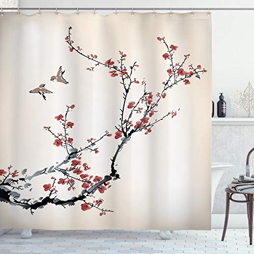Ambesonne Nature Shower Curtain, Cherry Branches Flowers Buds and Birds Style Artwork with Painting Effect, Cloth Fabric Bathroom Decor Set with Hooks, 75" Long, Burgundy Black