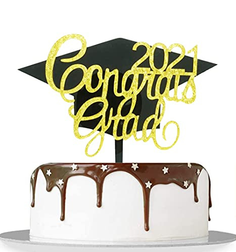 2021 Congrats Grad Cake Topper 2021 Congrats Grad Party Decorations Supplies,Gold and Black Glitter Acrylic Class of 2021 Cake Topper, High School Graduation, College Graduat