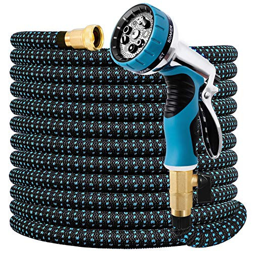 Expandable Garden Hose 100 FT Water Hose with 9 Function Nozzle and Durable 3-Layers Latex, Extra Strength 3750D Flexible Hose with 3/4" Solid Brass Fittings and High Pressure Water Spray Nozzle Hoses