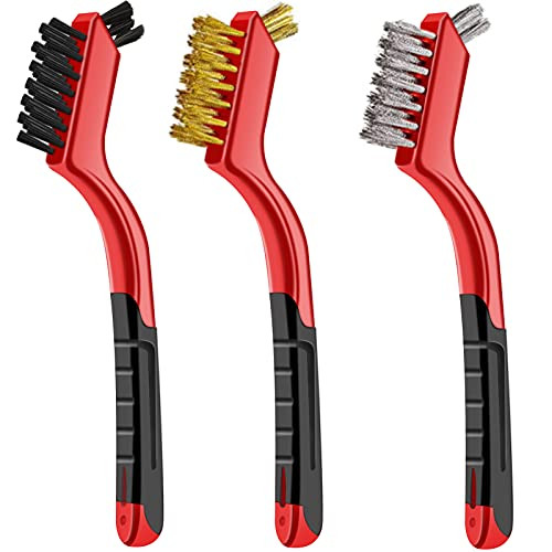 Wire Brush Set 3Pcs, 7 Inches Nylon/Brass/Stainless Steel Bristles with Curved Handle Grip for Cleaning Dirt, Rust, Paint Scrubbing with Deep Cleaning