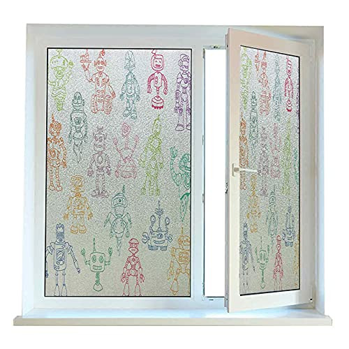 Window Film Sun Blocking Doodle Window Clings for Glass Windows 24" x 36", Drawings of Various Robots Performing a Number of Tasks Radar Waiter Guard Cleaner Farmhouse Decor, Multicolor