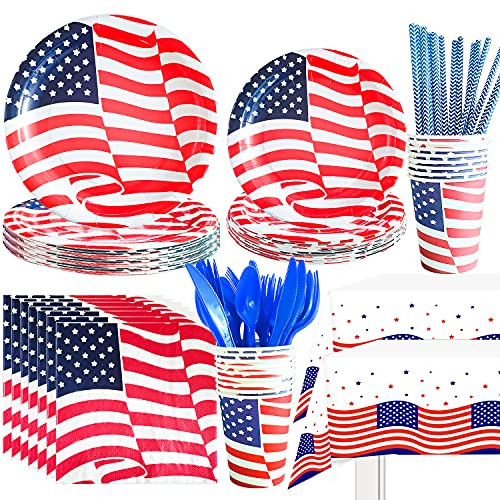 NAIWOXI Patriotic Decorations- Disposable American Flag Dinnerware Included Plates, Napkins, Tablecloths, Straws, Cups, Cutlery for Election Independence Day, 4th of July Party Supplies | Serves 24 NAIWOXI Patriotic Decorations- Disposable American Flag Dinnerware Included Plates, Napkins, Tablecloths, Straws, Cups, Cutlery for Election Independence Day, 4th of July Party Supplies | Serves 24