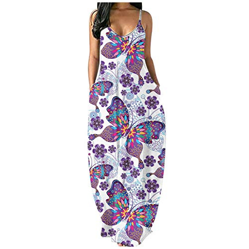 Womens Long Dress Casual Summer Maxi Dresses with Pockets Fashion Butterfly Print Sexy Sling Beach Dress Loose Sundress Purple