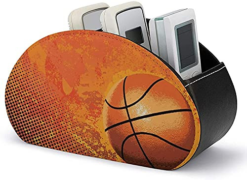 TV Remote Control Holder Organizer Box with 5 Compartments-PU Leather Big Basketball Organization and Storage for TV Remotes/Media Controllers/Office Supplies