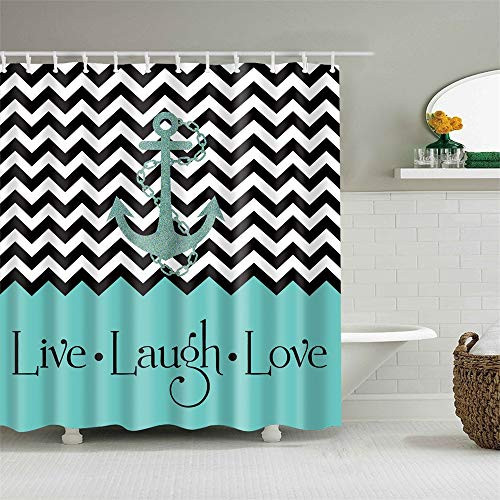 Shower Curtain Set with Hooks Nautical Anchor Chevron Zigzag Live Laugh Love Bathroom Decor Mildew Resistant Antibacterial Waterproof Polyester Fabric Bathroom Accessories Bath Curtain 72 x 72 inches