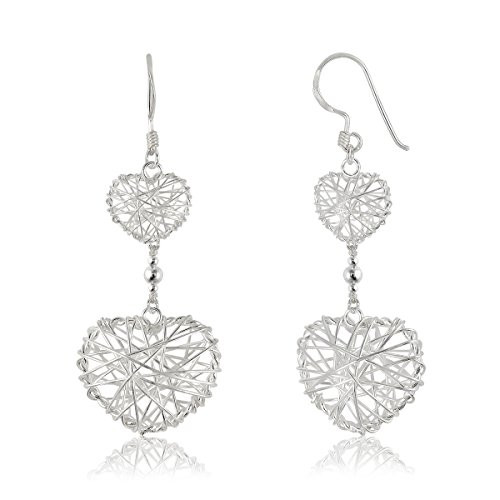 WithLoveSilver 925 Sterling Silver Wire Wrapped Heart With Beaded Dangle Hook Earrings