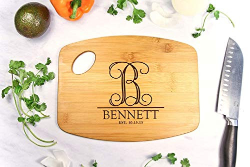Personalized Cutting Board Engraved Bamboo Chopping Block Bamboo Handle Imprint Monogram Letter