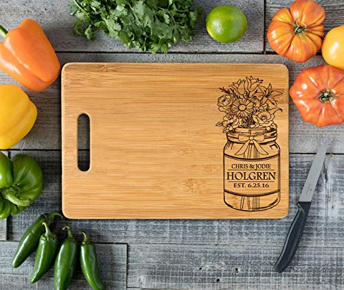 Personalized Cutting Board Engraved Bamboo Chopping Block Bamboo Handle Mason Jar