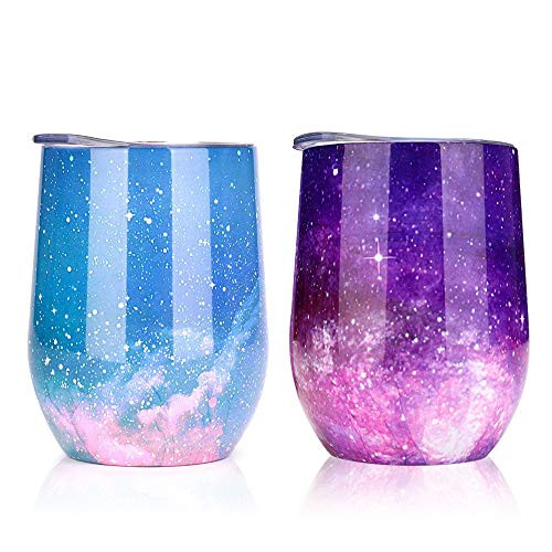 Wine Glass Tumbler 2 Pack, Double Wall Vacuum Insulated Stemless Wine Cup, 12oz Stainless Steel Travel Coffee Mug with Lids for Wine, Beverage, Coffee, Drinks, Champagne, Cocktails