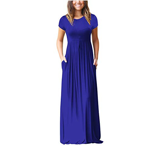 Lucktop Women Long Dresses Summer Solid O Neck Short Sleeve Casual Pockets Maxi Dress Loose Floor Length Dress Party Dress Blue
