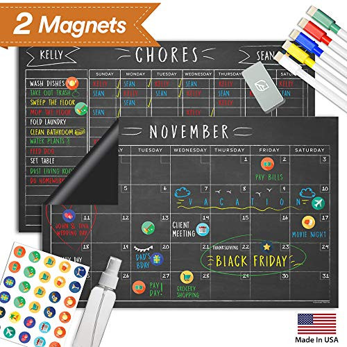 Magnetic Chalkboard Reward Chore Chart  Black Dry Erase Refrigerator Responsibility Incentive Chart - Multiple Kid Chart System w/Bonus Reusable Monthly Calendar - 17 x 11 - Version 2